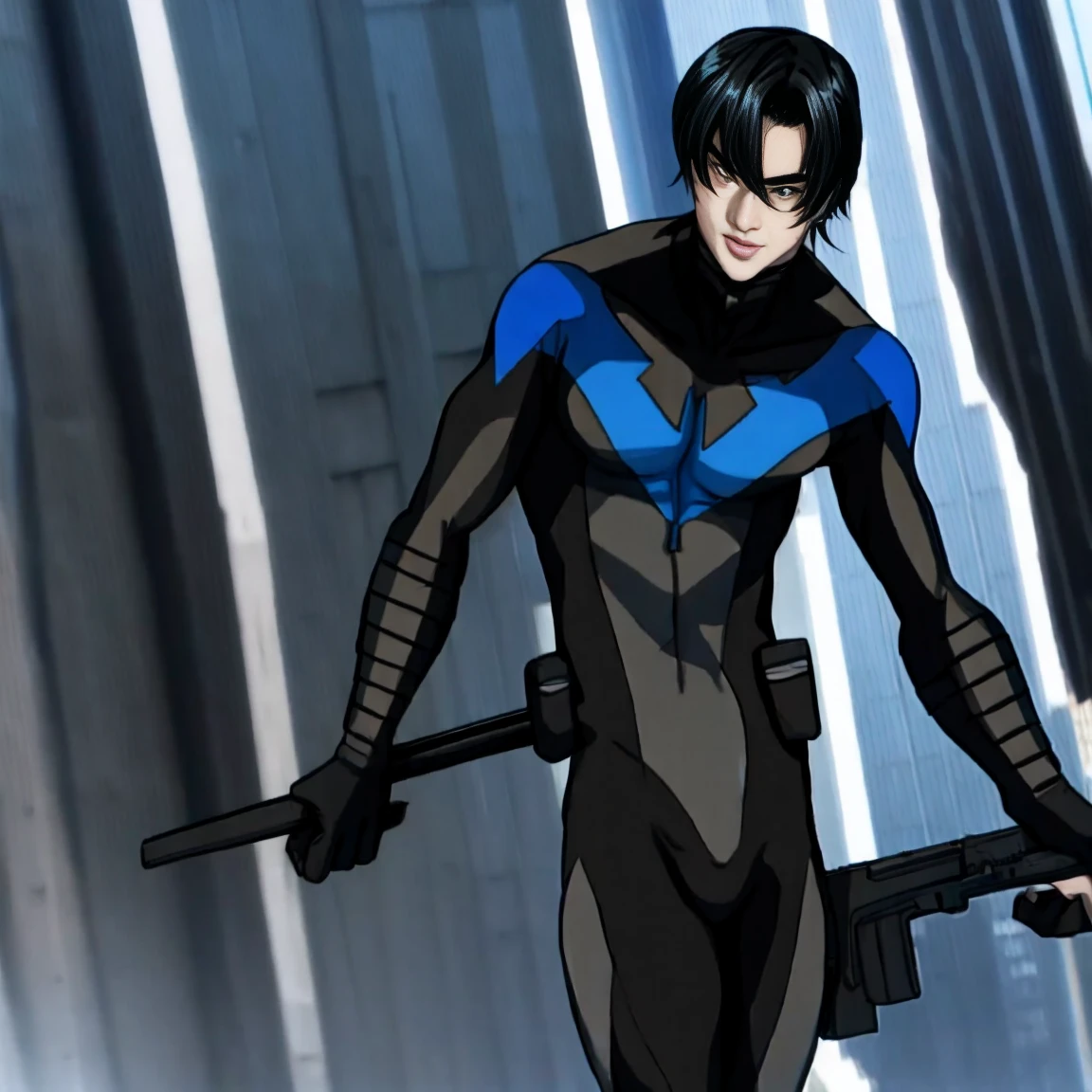   nightwingsuit, cute young man  ,   sexy body ,   tall  , Shiny black hair, upright, 