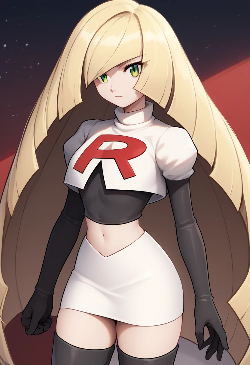 score_9, score_8_up, score_7_up, source_anime BREAK 1girl, solo, lsmndef, green eyes, blonde hair, very long hair, bangs, hair over one eye, looking at viewer, thighs, narrow waist, cowboy shot, team rocket,team rocket uniform,white skirt,red letter R,crop top,black thigh-highs,black elbow gloves