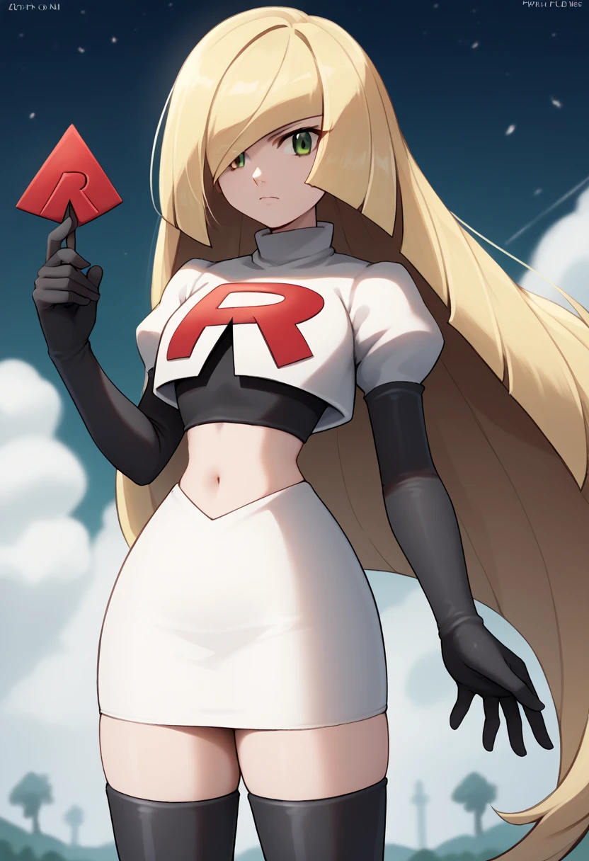 score_9, score_8_up, score_7_up, source_anime BREAK 1girl, solo, lsmndef, green eyes, blonde hair, very long hair, bangs, hair over one eye, looking at viewer, thighs, narrow waist, cowboy shot, team rocket,team rocket uniform,white skirt,red letter R,crop top,black thigh-highs,black elbow gloves