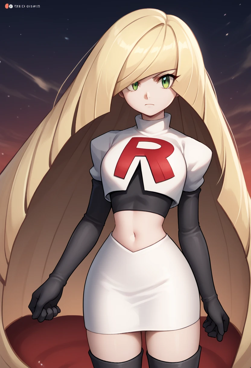 score_9, score_8_up, score_7_up, source_anime BREAK 1girl, solo, lsmndef, green eyes, blonde hair, very long hair, bangs, hair over one eye, looking at viewer, thighs, narrow waist, cowboy shot, team rocket,team rocket uniform,white skirt,red letter R,crop top,black thigh-highs,black elbow gloves