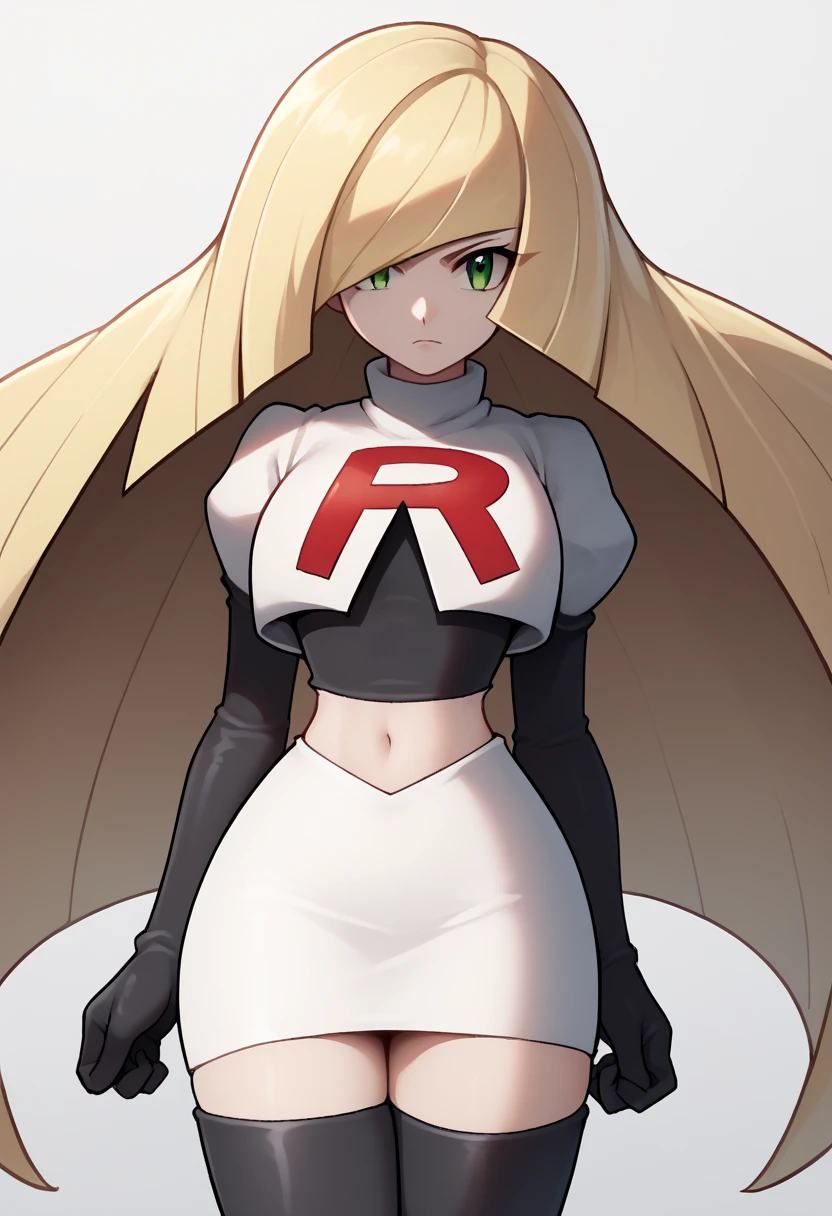 score_9, score_8_up, score_7_up, source_anime BREAK 1girl, solo, lsmndef, green eyes, blonde hair, very long hair, bangs, hair over one eye, looking at viewer, thighs, narrow waist, cowboy shot, team rocket,team rocket uniform,white skirt,red letter R,crop top,black thigh-highs,black elbow gloves