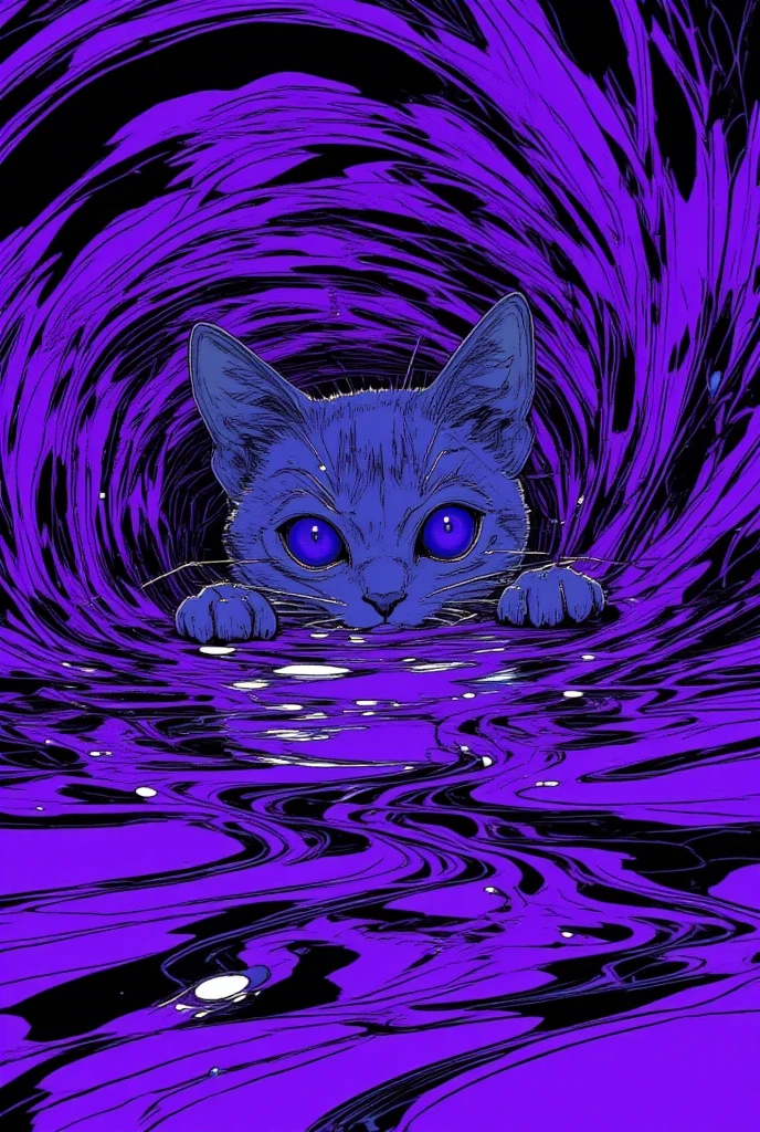 A cat is peeking out of a purple and black striped background, Purple Cat,  Cat from the Void , Portrait of Lisa Frank ,  Violet Porsangi Pop Art,  LSD ripples , 輝く purple eyes,  Alex grey cat , , Cat with laser eyes,  Realistic Wavy Fabric , microscope cat ,  liquid cat ,  cat close-up, Metal ears、 purple eyes