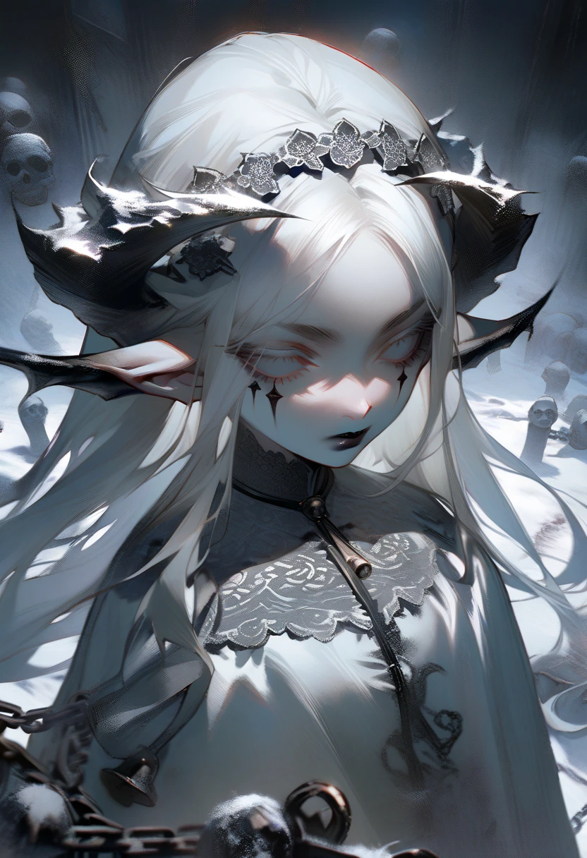 masterpiece, elf woman, solo,young, pale, (very long hair), very straight hair, white hair, black lipstick, white eyes, (white velvet lace dress), black eyebrows, in a snow dead cemetery garden, cute, closeup, expressionless, long horns, evil, dynamic pose, big silver chains around, bells, 