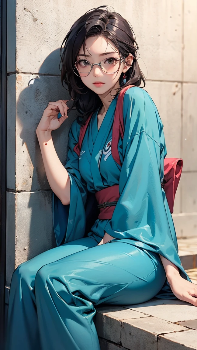 (masterpiece, best quality), 1girl, Magenta Classic Taper Cut with Side Part, small breasts, Khaki V-neck kimono-style blouse with a belted waist. and Denim cargo shorts with utility pockets, leg warmers, Standing with one hand on the waist, looking sideways, <lora:saitom_style_v05.23:1>
