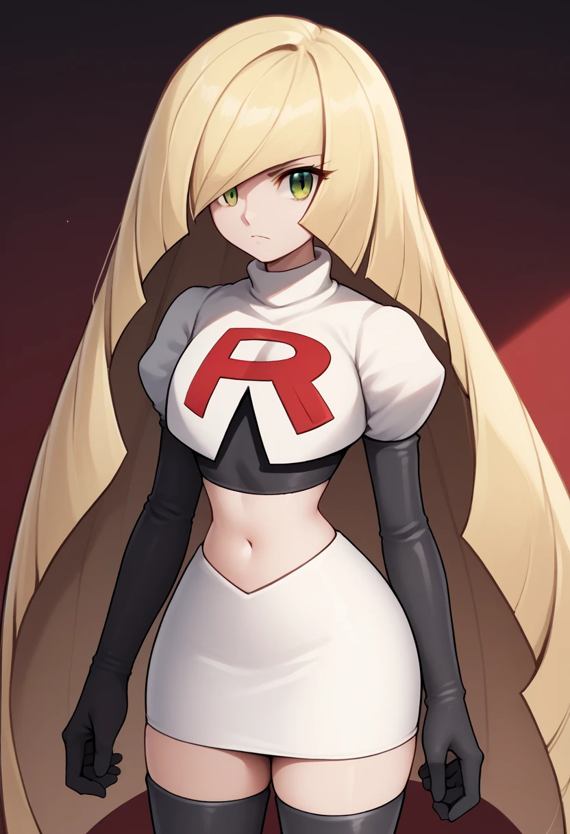 score_9, score_8_up, score_7_up, source_anime BREAK 1girl, solo, lsmndef, green eyes, blonde hair, very long hair, bangs, hair over one eye, looking at viewer, thighs, narrow waist, cowboy shot, team rocket,team rocket uniform,white skirt,red letter R,crop top,black thigh-highs,black elbow gloves