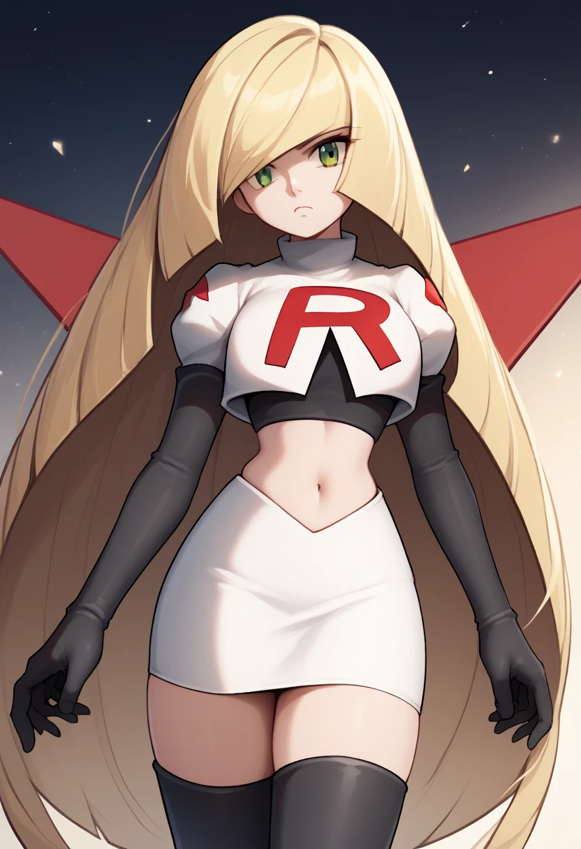 score_9, score_8_up, score_7_up, source_anime BREAK 1girl, solo, lsmndef, green eyes, blonde hair, very long hair, bangs, hair over one eye, looking at viewer, thighs, narrow waist, cowboy shot, team rocket,team rocket uniform,white skirt,red letter R,crop top,black thigh-highs,black elbow gloves