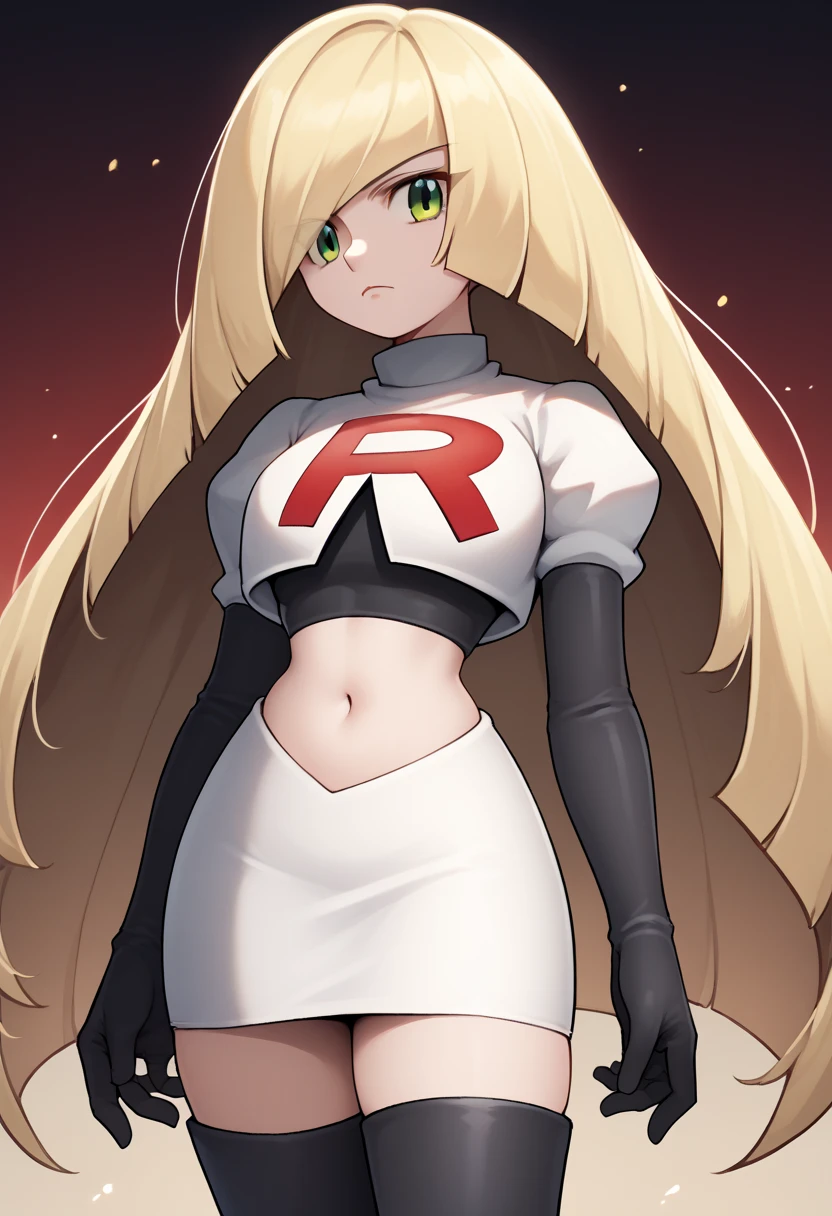 score_9, score_8_up, score_7_up, source_anime BREAK 1girl, solo, lsmndef, green eyes, blonde hair, very long hair, bangs, hair over one eye, looking at viewer, thighs, narrow waist, cowboy shot, team rocket,team rocket uniform,white skirt,red letter R,crop top,black thigh-highs,black elbow gloves