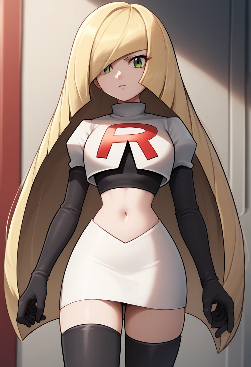 score_9, score_8_up, score_7_up, source_anime BREAK 1girl, solo, lsmndef, green eyes, blonde hair, very long hair, bangs, hair over one eye, looking at viewer, thighs, narrow waist, cowboy shot, team rocket,team rocket uniform,white skirt,red letter R,crop top,black thigh-highs,black elbow gloves