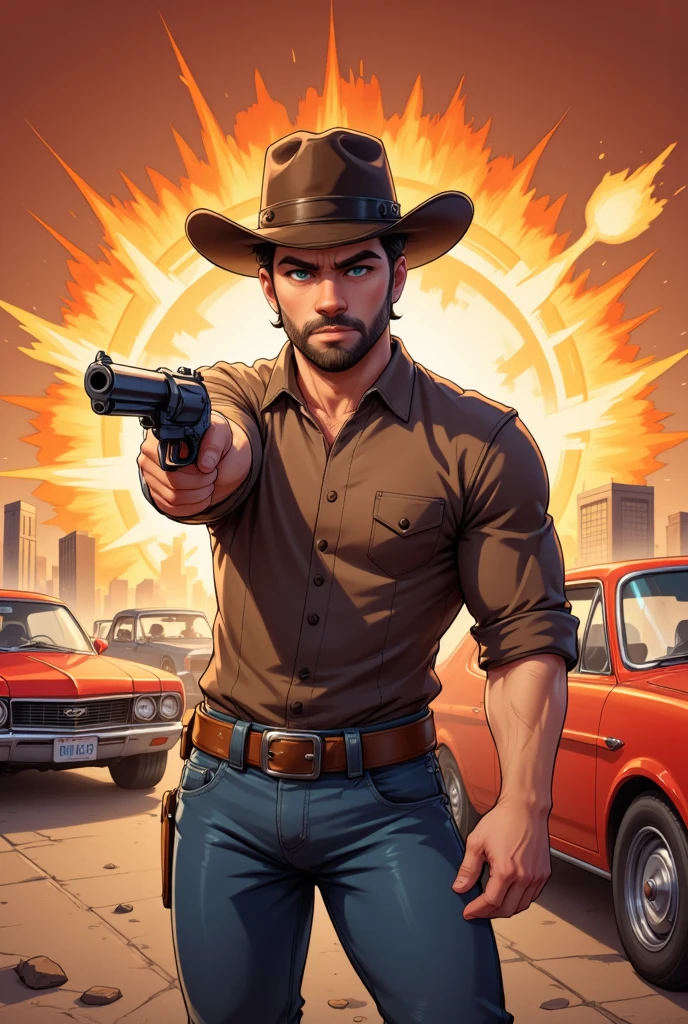 A dynamic **RPG-inspired animated scene** featuring a dark-brown cowboy hat-wearing man, around 30 years old, standing confidently in the foreground. The character wears a rugged shirt, belt, and jeans, staring directly at the audience with intense focus. He holds a revolver in his right hand, pointing it dramatically at the viewer. Behind him, a vibrant red car is positioned near a fuse explosive, moments before detonation, with a fiery explosion effect bursting outward. Speed lines emphasize the motion and energy of the scene, directing focus to the cowboy. The background depicts a warm, dramatic sunset with hints of an empty crowd scene fading into the distance, enhancing the cinematic tension. The composition captures a sense of urgency and power, rendered in high-quality, vibrant animation with bold colors, detailed character design, and a perfect blend of action and storytelling. ((Pivalora1))