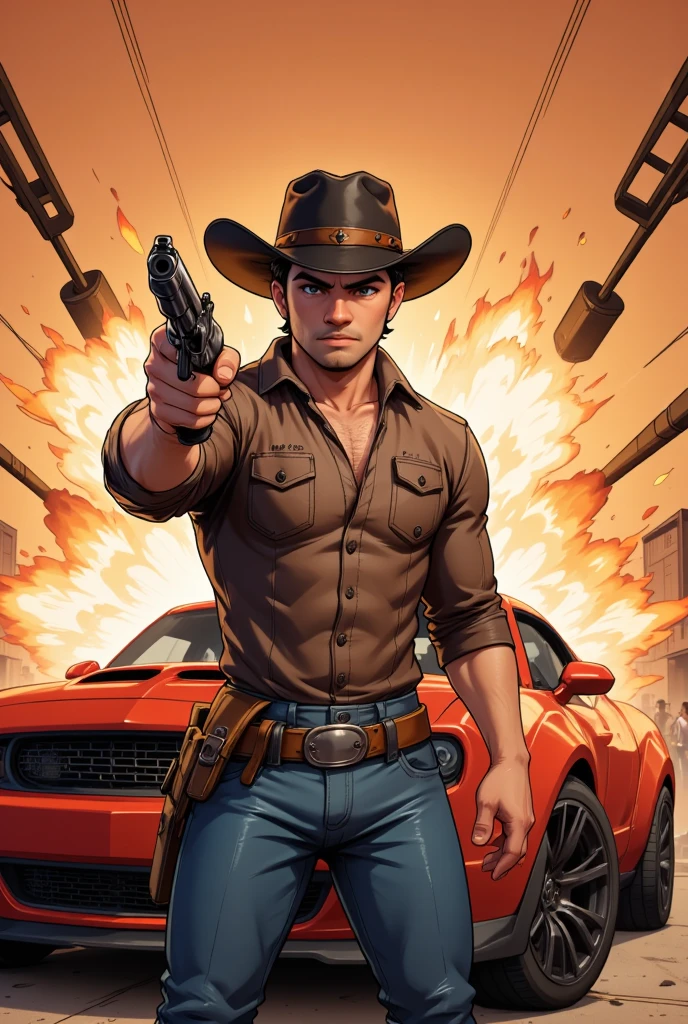 A dynamic **RPG-inspired animated scene** featuring a dark-brown cowboy hat-wearing man, around 30 years old, standing confidently in the foreground. The character wears a rugged shirt, belt, and jeans, staring directly at the audience with intense focus. He holds a revolver in his right hand, pointing it dramatically at the viewer. Behind him, a vibrant red car is positioned near a fuse explosive, moments before detonation, with a fiery explosion effect bursting outward. Speed lines emphasize the motion and energy of the scene, directing focus to the cowboy. The background depicts a warm, dramatic sunset with hints of an empty crowd scene fading into the distance, enhancing the cinematic tension. The composition captures a sense of urgency and power, rendered in high-quality, vibrant animation with bold colors, detailed character design, and a perfect blend of action and storytelling. ((Pivalora1))