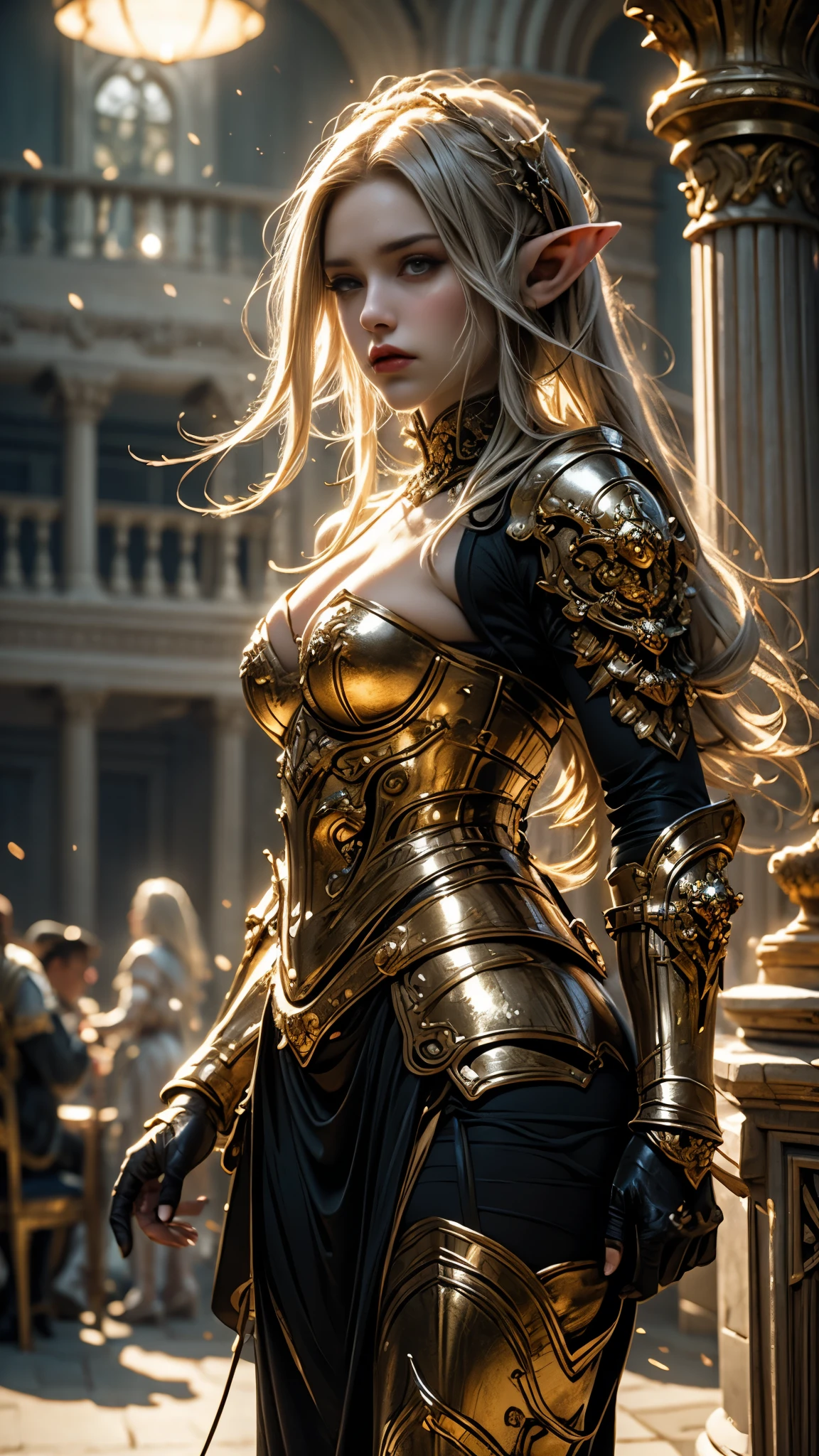 Beautiful female elf wearing ornate armor standing in great hall, cinematic lighting, rim lighting, cowboy shot.