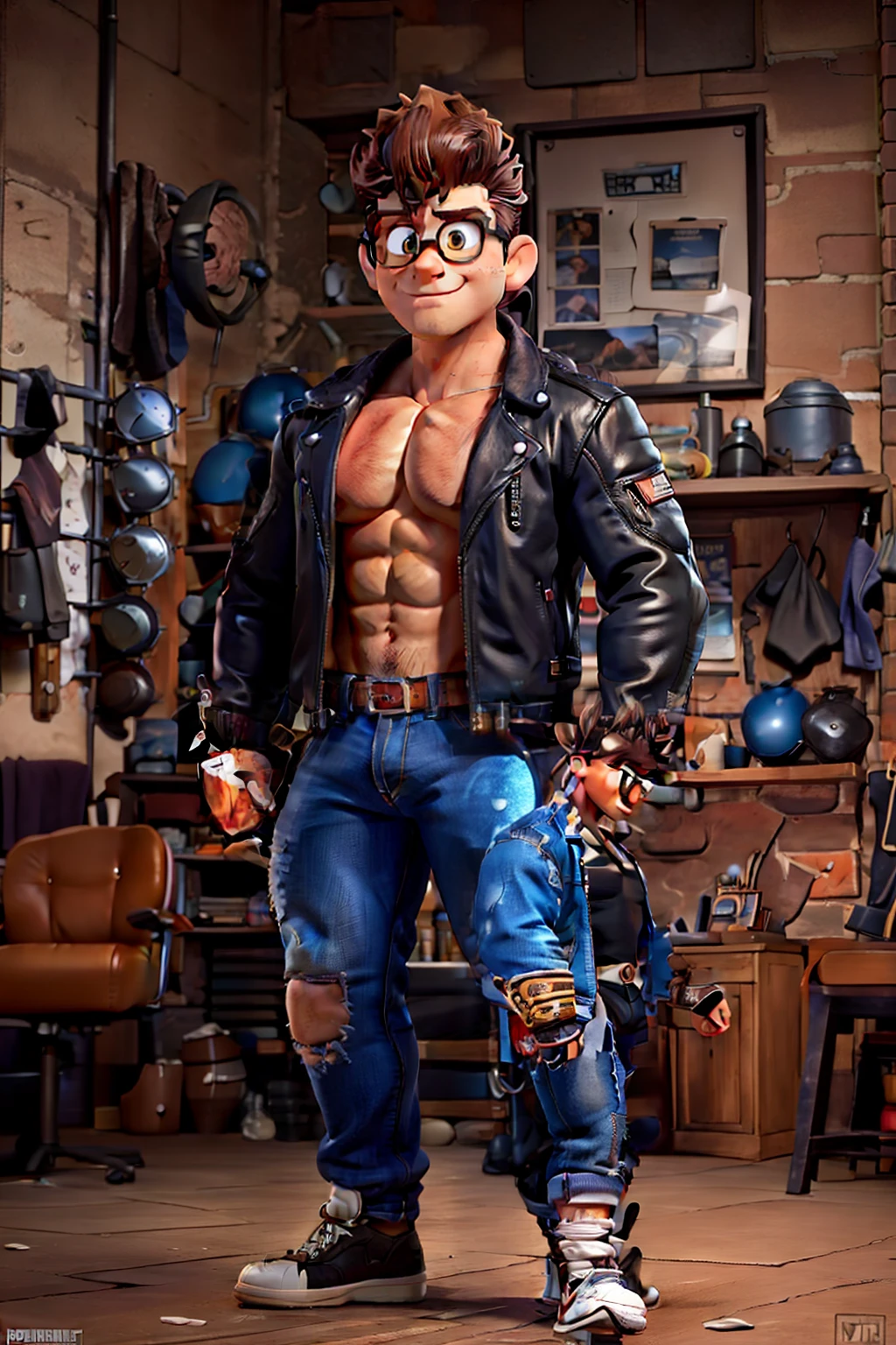 Ordinary nerdy man in mid-transformation into a muscle bound pompadour wearing biker