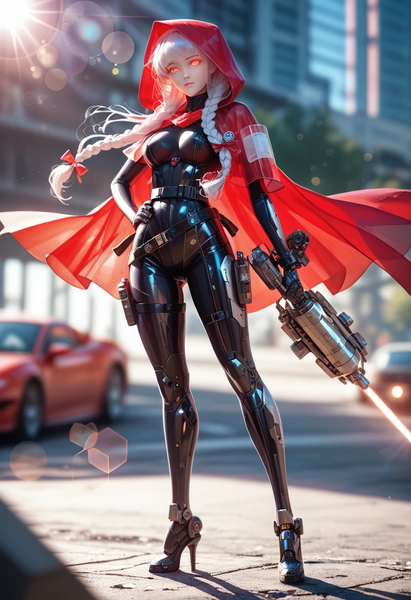 (white hair), (long hair), (extra long hair), ((glowing eyes)), red eyes, Slim waist, long braids, leather heels, leather gloves, red cape, (leather bodysuit with ornaments), ((ribbon tied around the waist)),  (robot prosthesis on right arm),
(mechanised translucent bodysuit:1.5), pantyhose, ,cloak with hood ,hood down, iridescent inner hair, hands on hip,
see-through cloak,white cyber leotard, black trims on leotard, shiny clothes,neon trim, mechanical embossed decoration on leotard, tactical belt,tool belt,
mechanical arms,
(lens flare, dynamic light, glowing,:1.4), (masterpiece:1.2), (best quality:1.2), (very aesthetic:1.2), (absurdres:1.2), (blurry background, depth of field, blurry foreground:1.2), newest, , perfect anatomy, realistic, photorealistic 