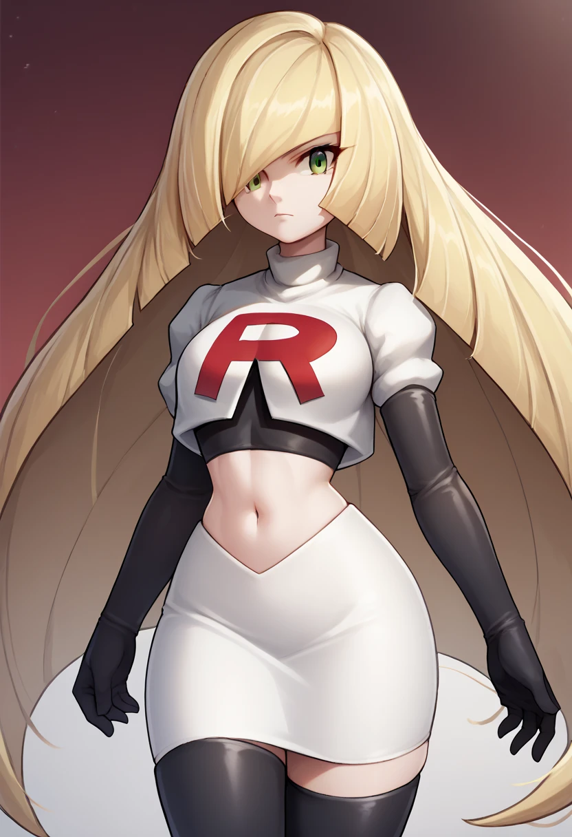 score_9, score_8_up, score_7_up, source_anime BREAK 1girl, solo, lsmndef, green eyes, blonde hair, very long hair, bangs, hair over one eye, looking at viewer, thighs, narrow waist, cowboy shot, team rocket,team rocket uniform,white skirt,red letter R,crop top,black thigh-highs,black elbow gloves