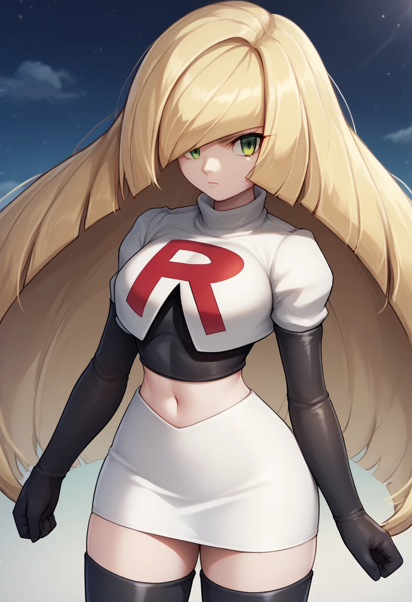 score_9, score_8_up, score_7_up, source_anime BREAK 1girl, solo, lsmndef, green eyes, blonde hair, very long hair, bangs, hair over one eye, looking at viewer, thighs, narrow waist, cowboy shot, team rocket,team rocket uniform,white skirt,red letter R,crop top,black thigh-highs,black elbow gloves