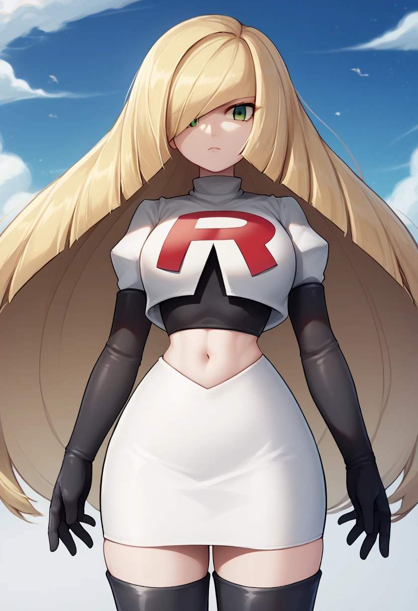 score_9, score_8_up, score_7_up, source_anime BREAK 1girl, solo, lsmndef, green eyes, blonde hair, very long hair, bangs, hair over one eye, looking at viewer, thighs, narrow waist, cowboy shot, team rocket,team rocket uniform,white skirt,red letter R,crop top,black thigh-highs,black elbow gloves