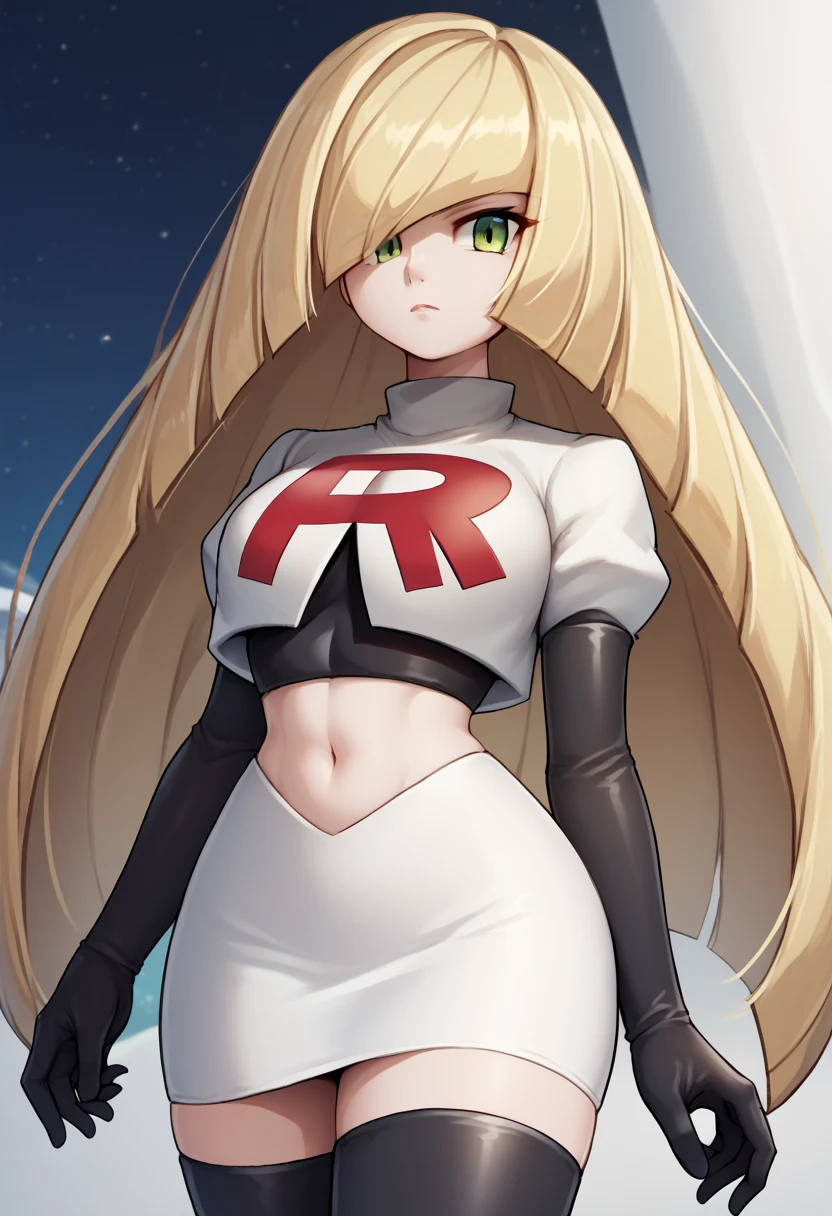 score_9, score_8_up, score_7_up, source_anime BREAK 1girl, solo, lsmndef, green eyes, blonde hair, very long hair, bangs, hair over one eye, looking at viewer, thighs, narrow waist, cowboy shot, team rocket,team rocket uniform,white skirt,red letter R,crop top,black thigh-highs,black elbow gloves