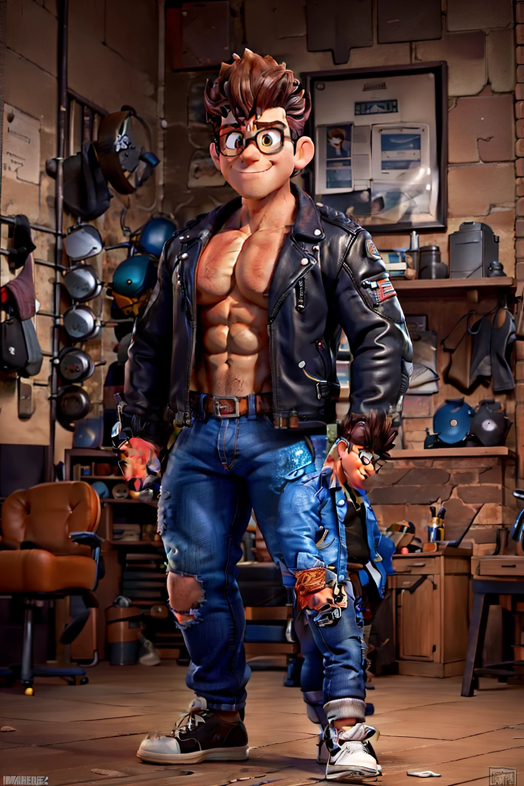 Ordinary nerdy man in mid-transformation into a muscle bound pompadour wearing biker
