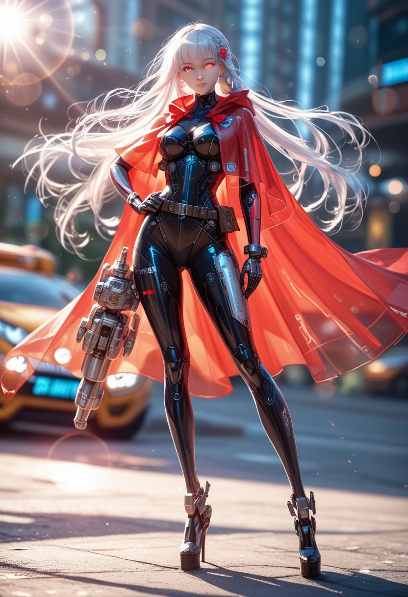 (white hair), (long hair), (extra long hair), ((glowing eyes)), red eyes, Slim waist, long braids, leather heels, leather gloves, red cape, (leather bodysuit with ornaments), ((ribbon tied around the waist)),  (robot prosthesis on right arm),
(mechanised translucent bodysuit:1.5), pantyhose, ,cloak with hood ,hood down, iridescent inner hair, hands on hip,
see-through cloak,white cyber leotard, black trims on leotard, shiny clothes,neon trim, mechanical embossed decoration on leotard, tactical belt,tool belt,
mechanical arms,
(lens flare, dynamic light, glowing,:1.4), (masterpiece:1.2), (best quality:1.2), (very aesthetic:1.2), (absurdres:1.2), (blurry background, depth of field, blurry foreground:1.2), newest, , perfect anatomy, realistic, photorealistic 