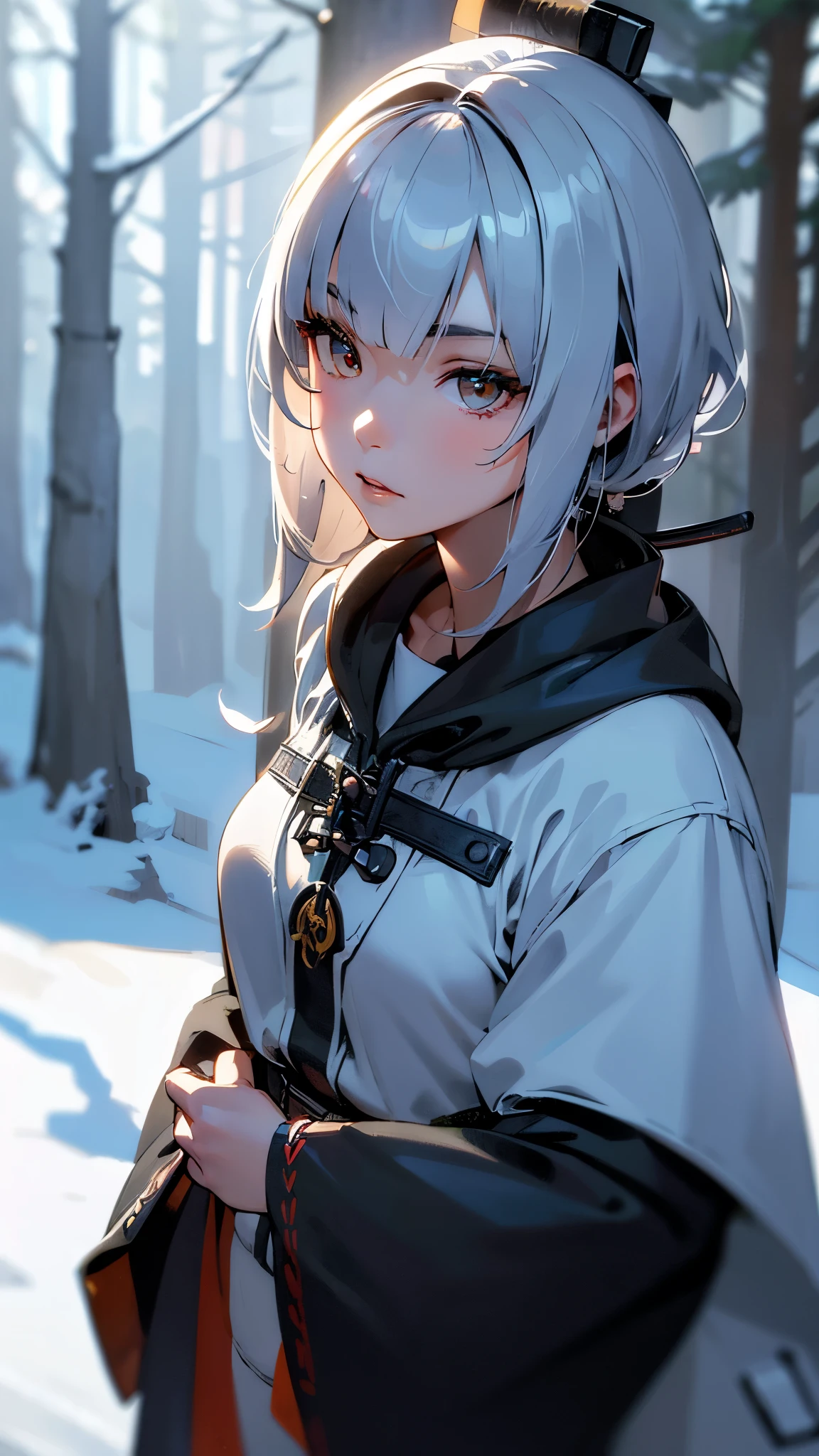 beautiful detailed girl samurai, 18 years old, sexy flexible body, long legs, detailed delicate facial features, beautiful detailed eyes, slightly plump lips, samurai stance, holding katana raised overhead, icy cold winter landscape, snow covered pine trees, moody cinematic lighting, dramatic shadows, intricate ornate armor, flowing robes, (best quality,8k,highres,masterpiece:1.2),ultra-detailed,(realistic,photorealistic:1.37),detailed portrait,cinematic lighting,dramatic shadows