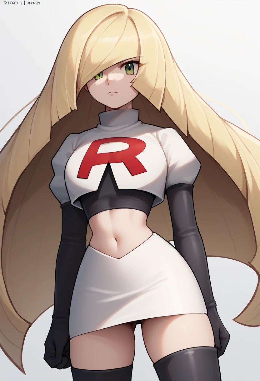 score_9, score_8_up, score_7_up, source_anime BREAK 1girl, solo, lsmndef, green eyes, blonde hair, very long hair, bangs, hair over one eye, looking at viewer, thighs, narrow waist, cowboy shot, team rocket,team rocket uniform,white skirt,red letter R,crop top,black thigh-highs,black elbow gloves