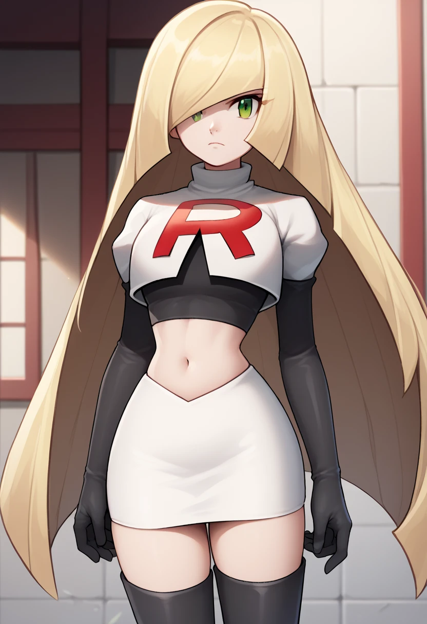 score_9, score_8_up, score_7_up, source_anime BREAK 1girl, solo, lsmndef, green eyes, blonde hair, very long hair, bangs, hair over one eye, looking at viewer, thighs, narrow waist, cowboy shot, team rocket,team rocket uniform,white skirt,red letter R,crop top,black thigh-highs,black elbow gloves