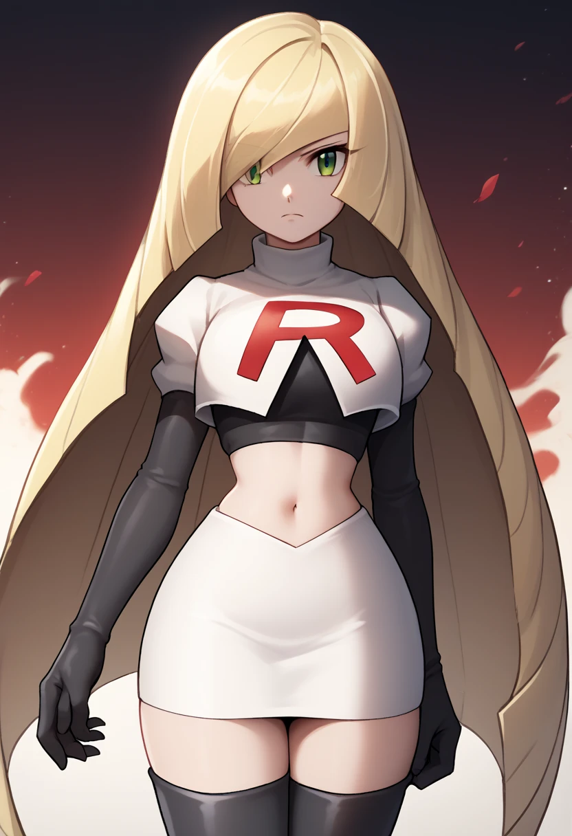 score_9, score_8_up, score_7_up, source_anime BREAK 1girl, solo, lsmndef, green eyes, blonde hair, very long hair, bangs, hair over one eye, looking at viewer, thighs, narrow waist, cowboy shot, team rocket,team rocket uniform,white skirt,red letter R,crop top,black thigh-highs,black elbow gloves