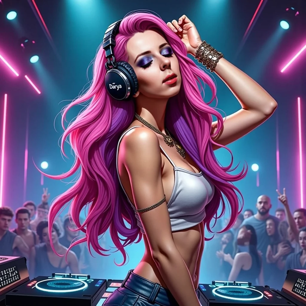 parte superior do corpo, dj feminino, Vampiros,Wear a bikini，Tatuado com，cabelos brancos， peculiar, vibrant appearance, Playful accessories, cores brilhantes，comportamento criativo, Divagou, sensual, spontaneous, fones de ouvido dj, mesa, Music Clubs, boate, Cinema independente, people dancing in the background of the dance floor, Underground Danceclub, extremely high quality, textura da pele, detalhes intrincados, (Cinematic lighting), Foto RAW, 8k，Psychedelic surrealist art，Surrealist psychedelic design，estilo de arte dos sonhos，illusion psychedelic art， Vetores escuros coloridos,