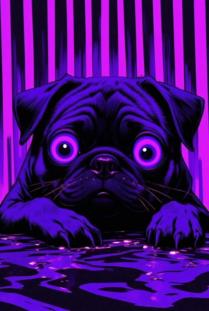  pug peeking out from purple and black striped background, purple pug , pug from emptiness ,Portrait of Lisa Frank ,  Violet Porsangi Pop Art,  LSD ripples , 輝く purple eyes,  alex grey pug , pug with laser eyes , Realistic Wavy Fabric , microscope cat ,  liquid dog , close-up of pug , Metal ears、 purple eyes