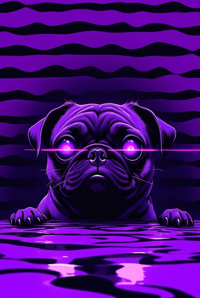  pug peeking out from purple and black striped background, purple pug , pug from emptiness ,Portrait of Lisa Frank ,  Violet Porsangi Pop Art,  LSD ripples , 輝く purple eyes,  alex grey pug , pug with laser eyes , Realistic Wavy Fabric , microscope cat ,  liquid dog , close-up of pug , Metal ears、 purple eyes