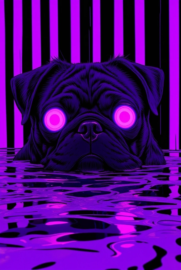  pug peeking out from purple and black striped background, purple pug , pug from emptiness ,Portrait of Lisa Frank ,  Violet Porsangi Pop Art,  LSD ripples , 輝く purple eyes,  alex grey pug , pug with laser eyes , Realistic Wavy Fabric , microscope cat ,  liquid dog , close-up of pug , Metal ears、 purple eyes