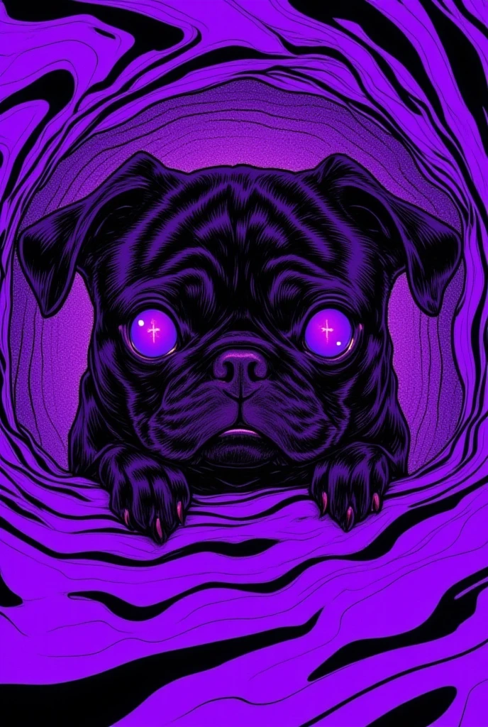  pug peeking out from purple and black striped background, purple pug , pug from emptiness ,Portrait of Lisa Frank ,  Violet Porsangi Pop Art,  LSD ripples , 輝く purple eyes,  alex grey pug , pug with laser eyes , Realistic Wavy Fabric , microscope cat ,  liquid dog , close-up of pug , Metal ears、 purple eyes