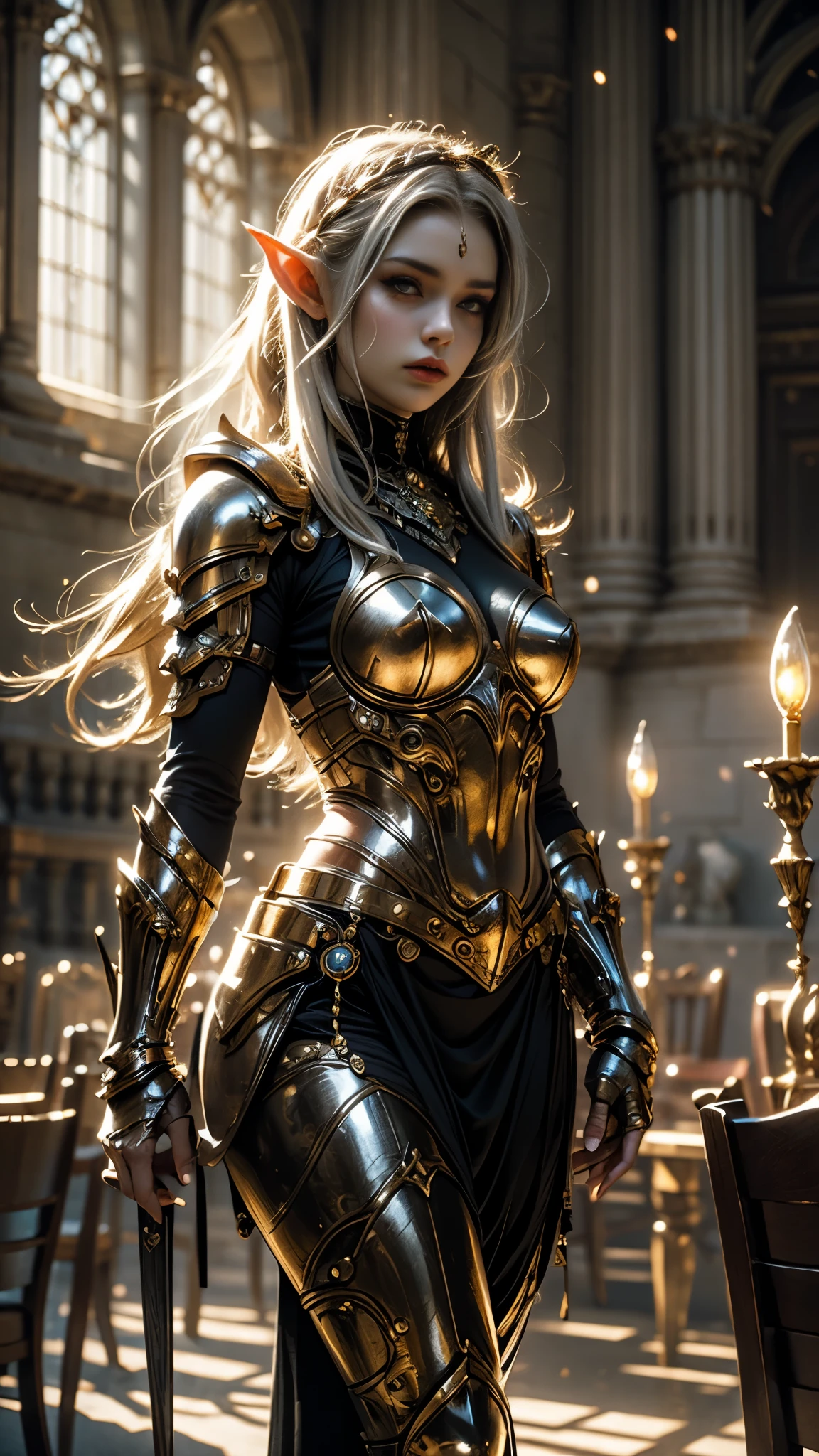 Stunning illustration of a beautiful female elf wearing ornate silver armor standing in great hall, cinematic lighting, rim lighting, cowboy shot.