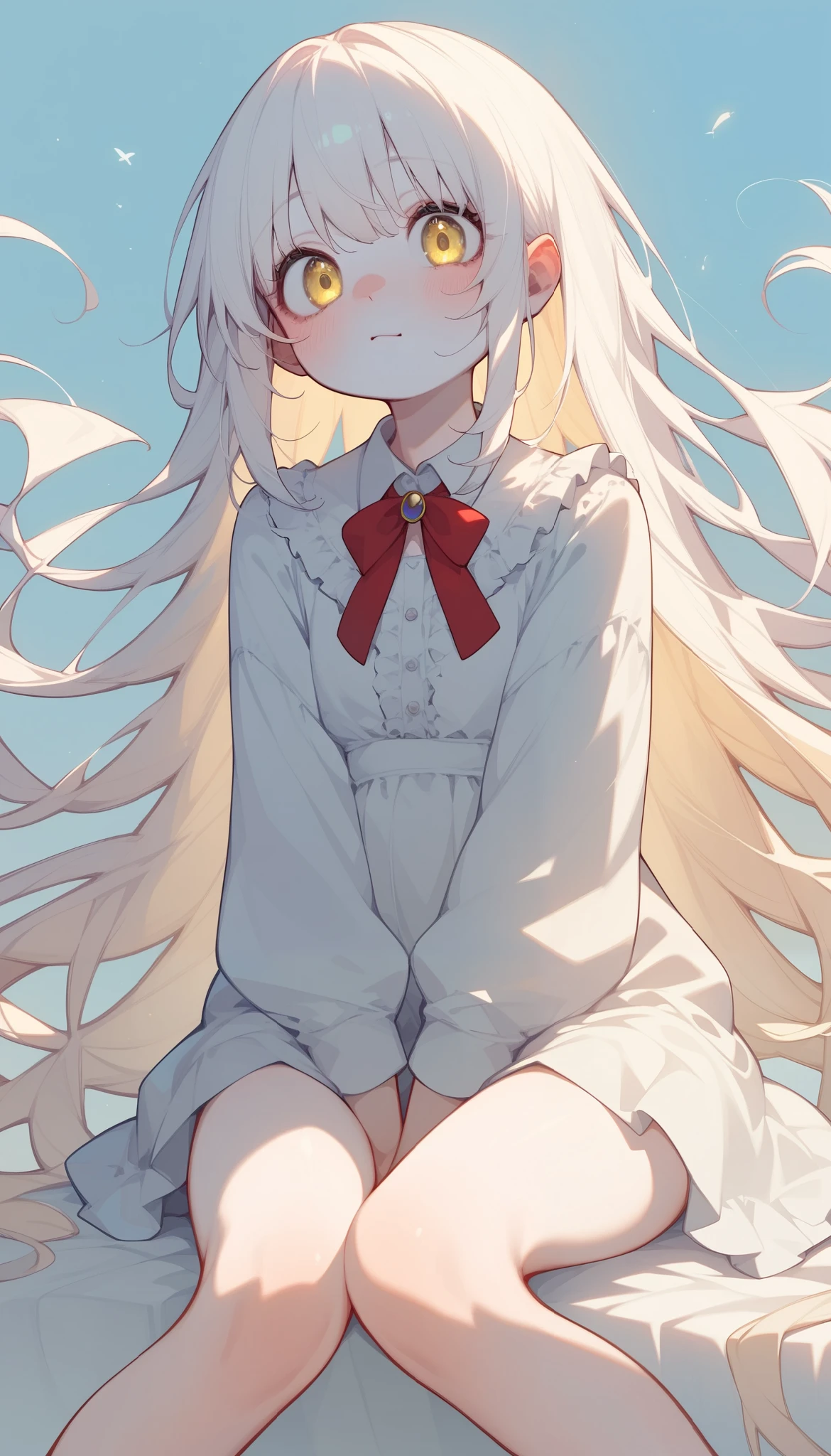 Light color:1.7、  pastel :1.7、( top quality 、masterpiece、   very detailed、   One Girl  、((非常に cute face)) , ((  long hair )), Long white hair,  very long straight hair, Short bangs, Albino white skin, light yellow eyes ,  realistic skin texture to hide female genitals  ,  cute face、Silky Short Blonde、 knees、   Gothic Fashion、   very detailed目、Small red cheeks and nose、   cute face、Light color:1.7、  pastel :1.7