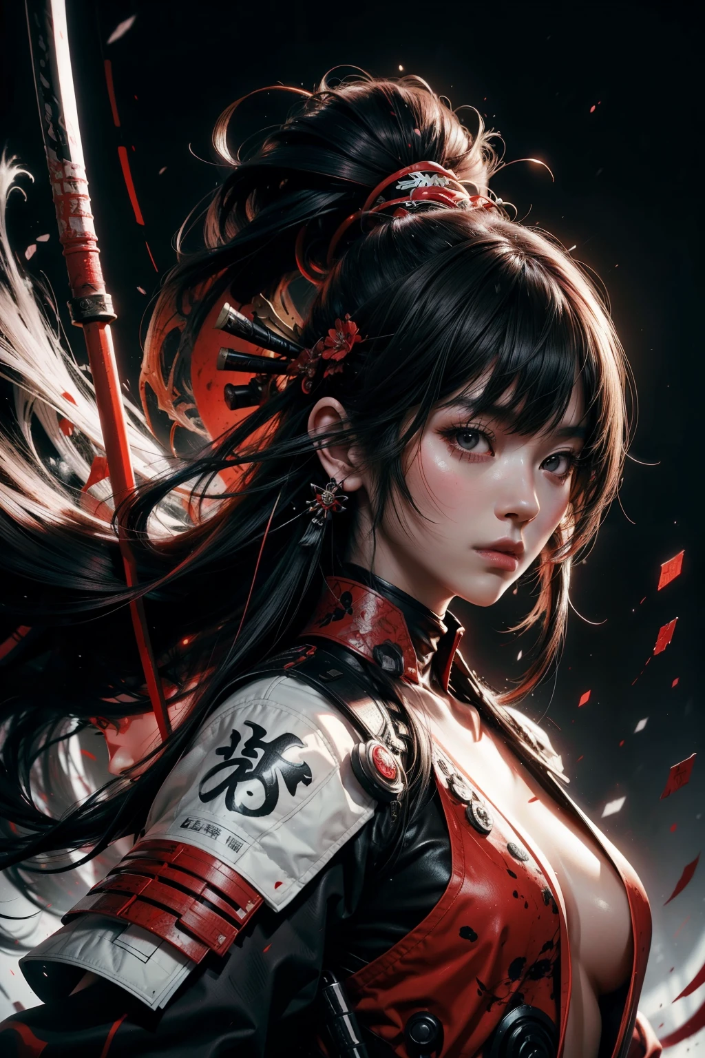 face portrait of MeiyuCipher 1girl orange spike aura in motion, damaged Chinese clothes, floating pieces, trending on artstationh, Sharp focus, Intricate details, Highly detailed, Detailed face (ink and watercolor painting, Brush Strokes, author:Russ Mills 和 Yoji Shinkawa) Best quality, absurderes, (Negative space) ,