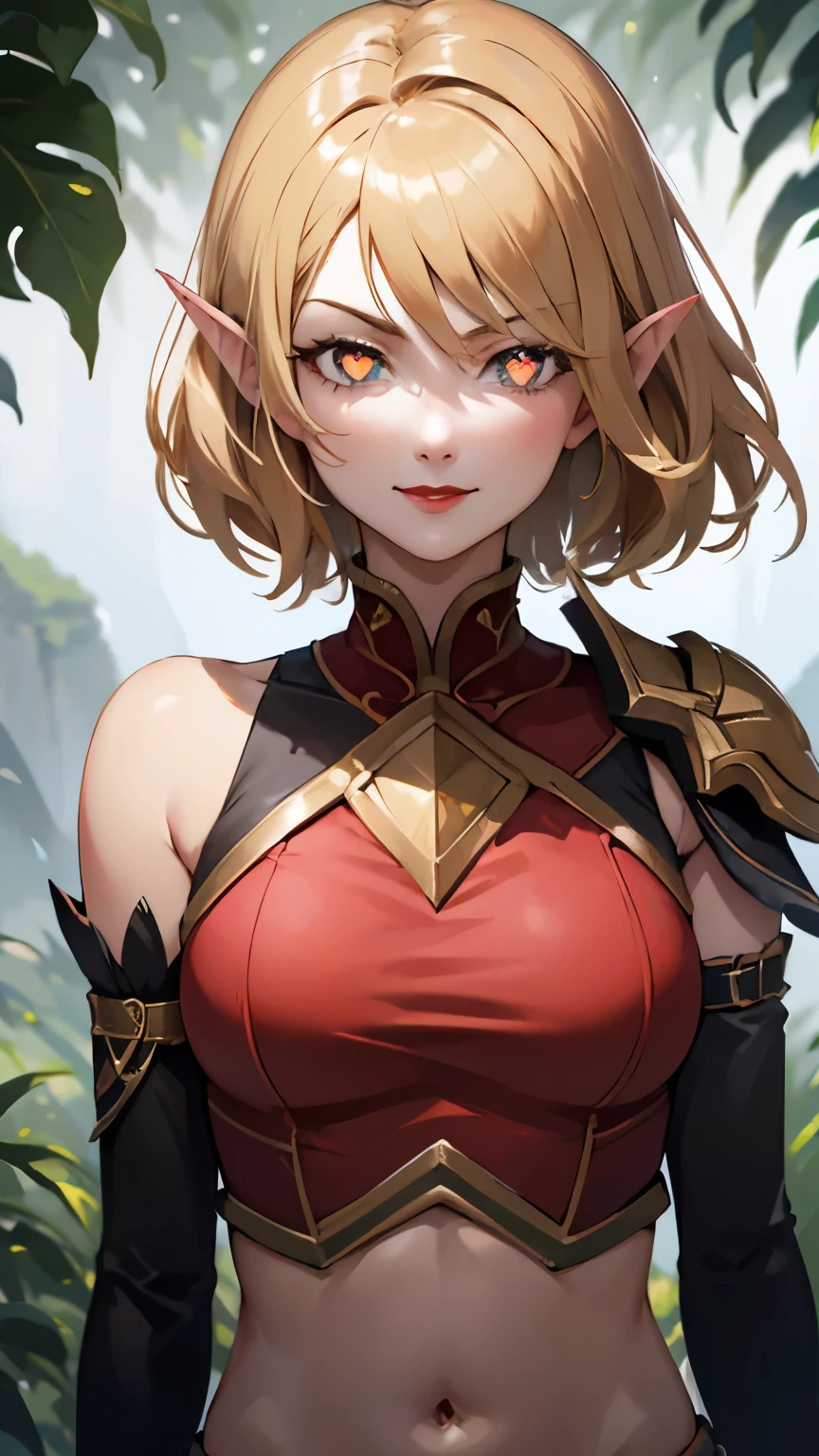 (8K, highest quality, masterpiece:1.2), High resolution, masterpiece, break, beautiful woman, beautifully mouth, highly eyes and face, beautiful fine eyes, upper body, slim body, 20 years old girl, (1girl, short hair, pointy ears, smirk, lustful eyes, red lips) (digital) (Looking at viewer), (Forest background)), best quality, blonde hair, red shoulderpads, black sleeves:1.2, red shirt:1.2, cloth shirt, green eyes, pink heart heart shaped pupils:1.2, heart-shaped_pupil:1.2, gold trim on shoulderpads, crop top, navel, bloodelf, anime