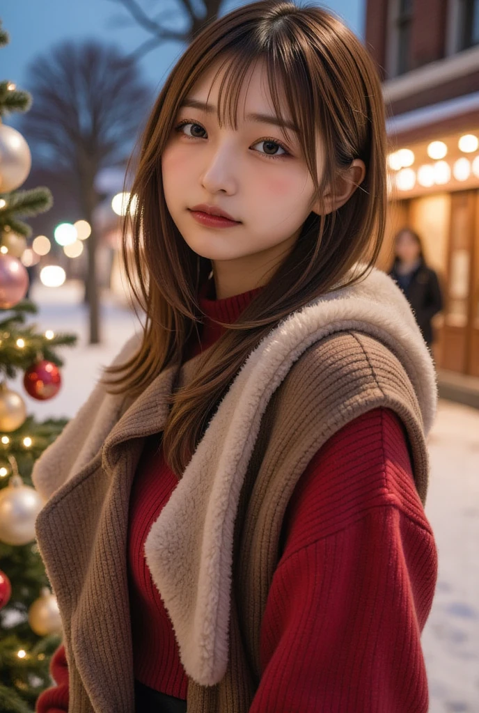 1girl, bokeh, bangs, light smile, pov, winter clothes, mole, masterpiece, best quality, ultra quality, high quality, realistic, photo realistic, RAW photo, hyper detailed, intricate detailed, winter, night, christmas tree, christmas lights,