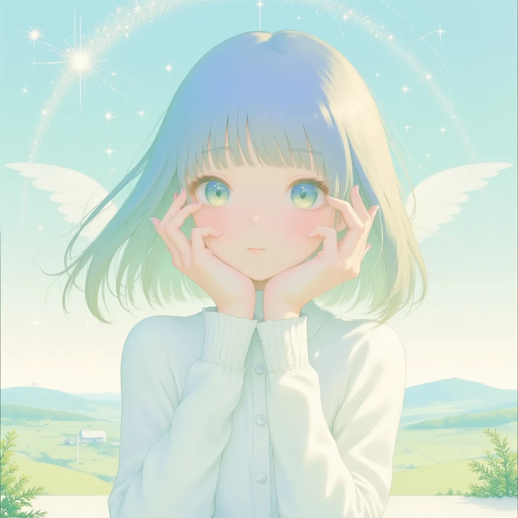 ultra detailed, best quality, 1girl, solo, portrait, anglic atmosphre, bright , glittering particles, shiny, soft color, kawaii anime, cute illustration, 