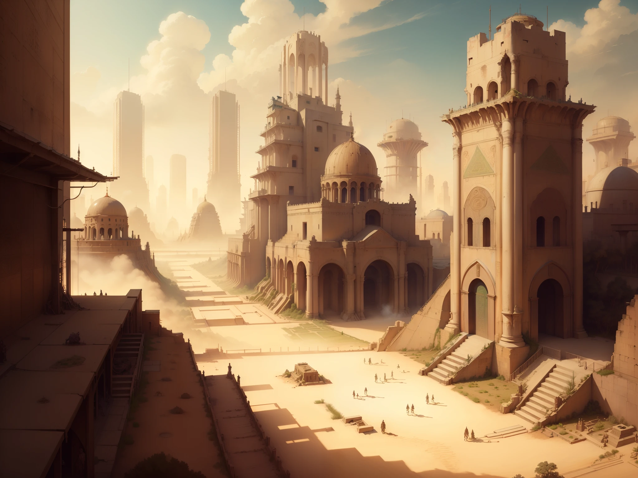 davincitech, scifi, by leonardo da vinci,  OldEgyptAI,  (landscape of war:1.2) , epic scene, (ancient garden of babylon:1.2)