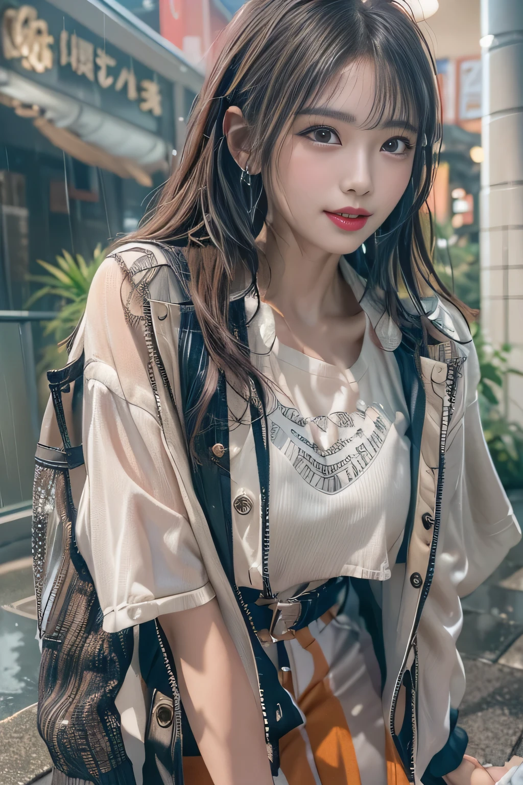 Best Quality Detail:1.2, realisitic, 8K UHD, hight resolution, 1girl in:1.2, The ultra-detailliert, High quality textures, intricate detailes, detaileds, Very detailed CG, High quality shadows, Detail Beautiful delicate face, Detail Beautiful delicate eyes, depth of fields, Ray traching, in her 20s, Pretty Kpop Girl, Korean Urzan Face:1.1, Slender face, ulzzang -6500-v1.1:0.6, pureerosface_v1, gloweyes, teak, Glossy lips, perfectbody, a choker、cleavage of the breast、 Brown hair、poneyTail:1.1, Street, Particle, look at viewr, Photorealsitic:1.4, ultra-detailliert, photos realistic, 4K 8K UHD Full Color RAW Photos, Fuji Film(Medium format:1.2), Hasselblad:1.2, Carl zeiss:1.1, Incredible dynamic range photography(UTIL_Art by Smoose-768:1.1), hight resolution, High pixel count, clear details, crisp image, Natural color reproduction, Noise Reduction, High fidelity, qulity, Software Improvements, Upscaling, Optimized algorithms, Pro-level retouching、((Shibuya, tokyo prefecture))、On the way to shopping、((Fashionable clothes with a very high design))、shirt dress: Oversized Shirt Dresses、Simple and fashionable style