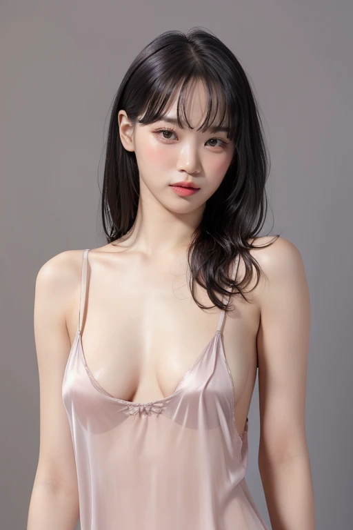   top quality  , masterpiece,   super high res, ( realistic :1.4),  RAW photo, 18 years old, (( simple gray background)), (( sexy silk nightgown、Nipples visible)),  Looking at the Audience ((small breast))