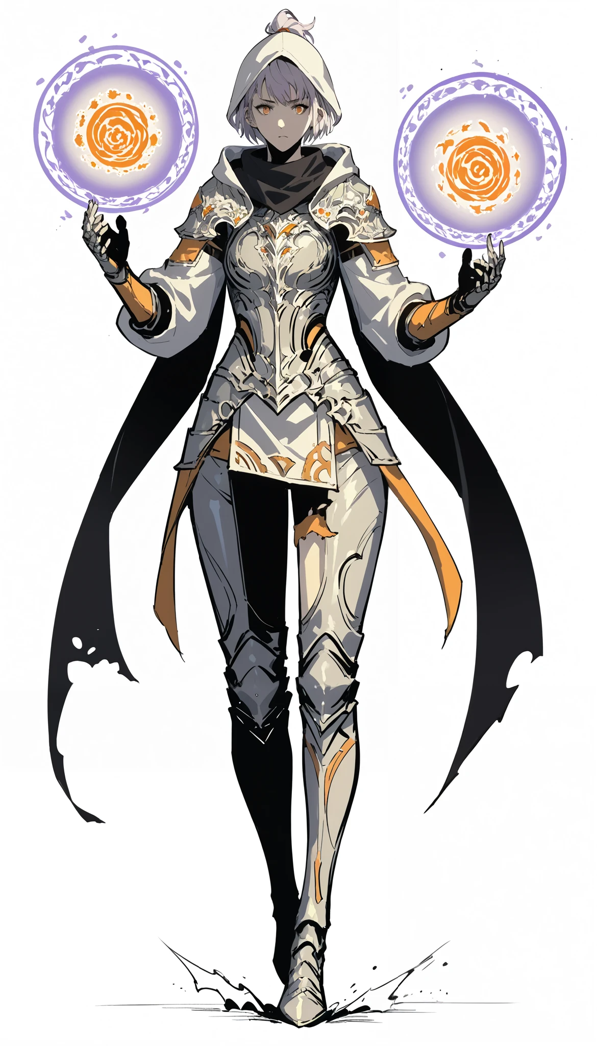 woman in fantasy clothes, white short hair in a ponytail, white hood, Torn black scarf, white purple and black Armor, aura (orange),, perfect Anatomy, intricate pencil sketch, un-zoom, highly detailed, Dynamic pose, white background, full body view