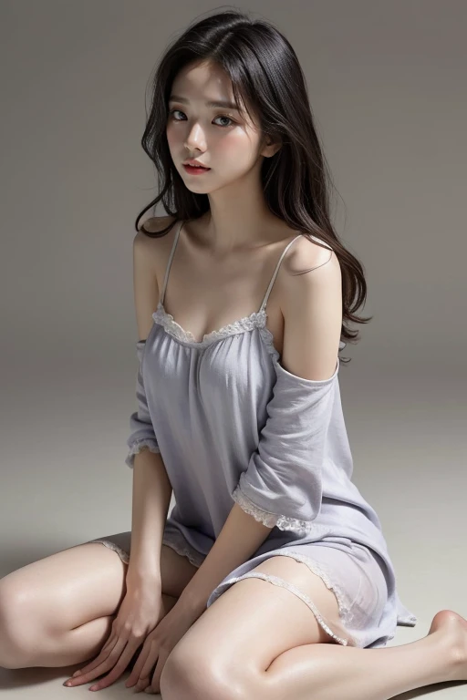 (((best quality))), (((ultra detailed))), (((masterpiece))), illustration,((a fragile and beautiful young girl,solo)),((slim,thin)),((small breasts,flat chest)),((sitting on a hospital bed)),(vertical striped blue and white collared pajama shirt:1.3), ethereal appearance,(shoulder length straight bob hair:1.2),((close eyes,open mouth,female orgasmic,blush,ahegao)),delicate features, expressive eyes, porcelain skin, worried expression, vertical stripes on the gown, loose fit, slender fingers, polished nail polish, clinical examination room, faded walls, doctors' cart, stainless steel, hospital backdrop, stark contrasts, cold environment, warmth and vulnerability, poignant moment, moving image,((from front)),(arms behind back:1.3),(spread legs apart:1.3)