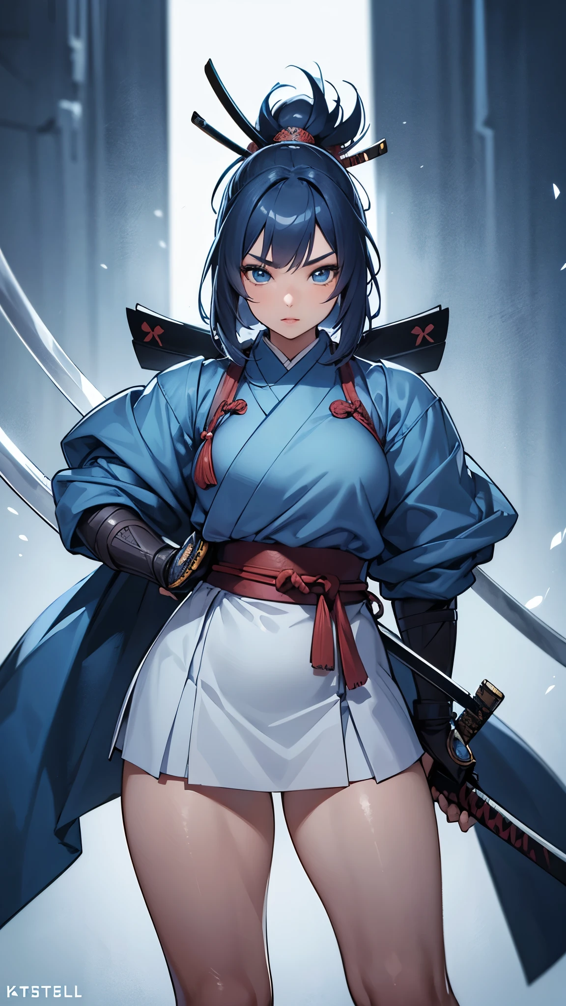 beautiful detailed girl samurai, 18 years old, sexy flexible body, long legs, detailed defined facial features, beautiful detailed eyes, slightly plump lips, samurai stance, holding katana sword raised overhead, icy blue color palette, cinematic lighting, highly detailed, 8k, photorealistic