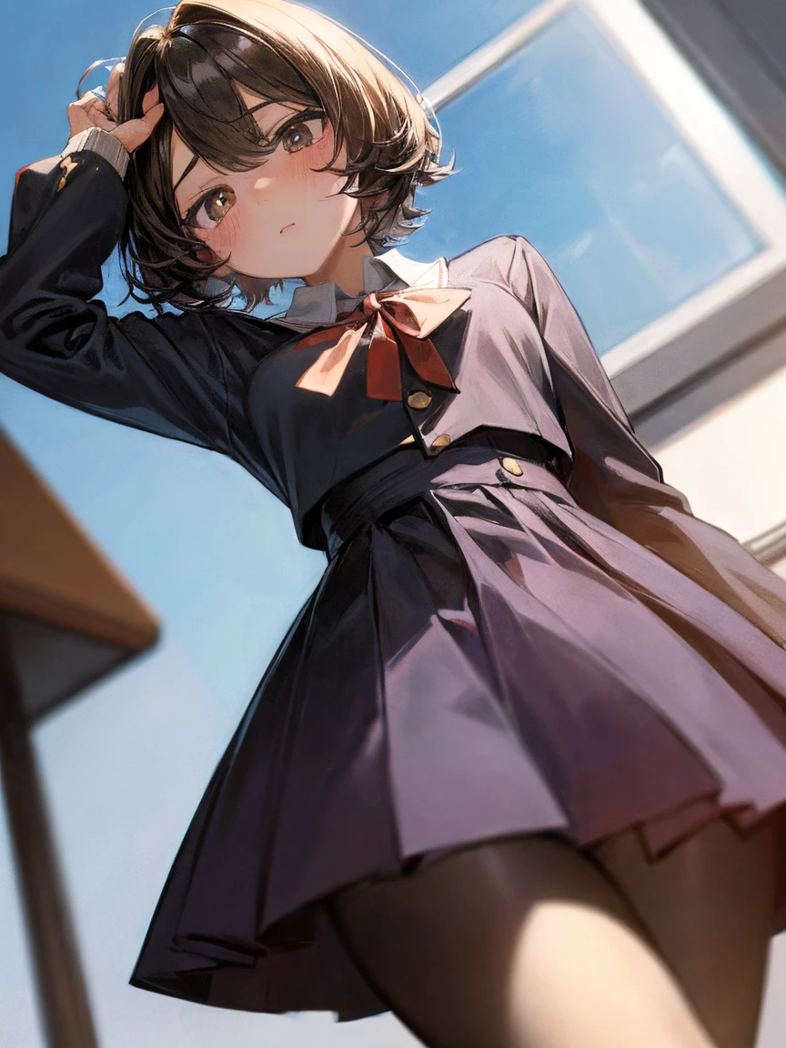 (masterpiece, highest quality:1.2)、(1 girl))、(high school uniform)、(School classroom)、(eyes half closed)、(lots of drool:1.3)、The body shakes violently、[:(detailed face:1.2):0.2] , , ((Black very short hair)) , (black pantyhose), , from below,low angle, 