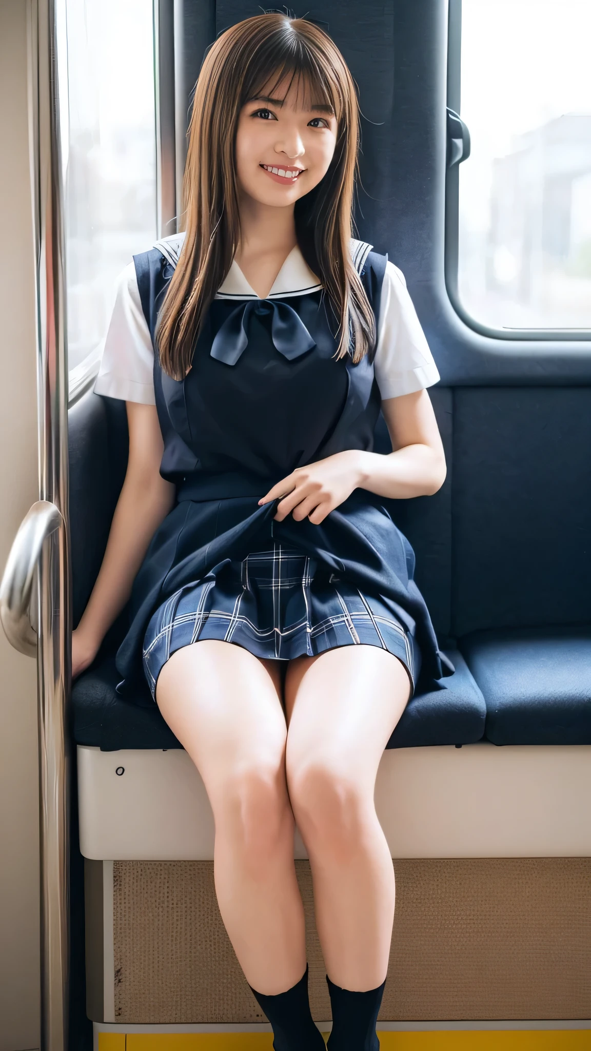 top quality , very detailed,masterpiece, realistic , photo realistic , bright lighting , One Girl , 1 very beautiful girl, ( cute:1.2),A faint smile, ( brown eyes),( Brown Hair ),(prohibit), shortcuts、Perfect glowing skin, perfect skin,(( erotic, Sexy and Sexually Explicit )),((Precise needles without discomfort)), Big Breasts , Eye-catching bust line 、 big breasts and small waist , (( perfect legs , perfect legs , perfect hand, perfect hand指, Perfect Arms, laughing in front of the car , The mouth is perfect)), viewers,(( sailor suit )),(( short sleeve uniform white shirt )),( red tie),( Blue Mini Pleated Skirt ),((( a picture of rolling up my skirt myself by the window in the office ))),(I lifted it myself),( panties), black tight jeans , Panty Focus ,((get up, feet )), socks, (黒のニーsocks),( loafer shoes), Daytime, elderly man sitting beside a window grabs a girl's chest on a train , Sitting on the side with your back to the window