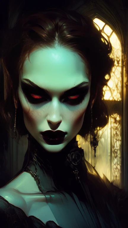  Vampire woman,  beautiful face , gothic face ,   sharp face  ,   delicate face  , Female face, Ojos rojos , delgado,   average breasts, elegant, elegant clothing ,   full body , realistic look, sharp focus face   , realistic look texture,   Analog Style  ,    dim and changing lighting  , atmospheric,