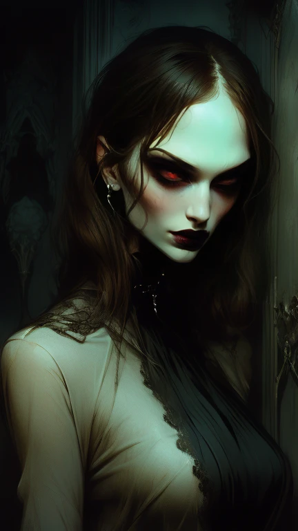  Vampire woman,  beautiful face , gothic face ,   sharp face  ,   delicate face  , Female face, Ojos rojos , delgado,   average breasts, elegant, elegant clothing ,   full body , realistic look, sharp focus face   , realistic look texture,   Analog Style  ,    dim and changing lighting  , atmospheric,