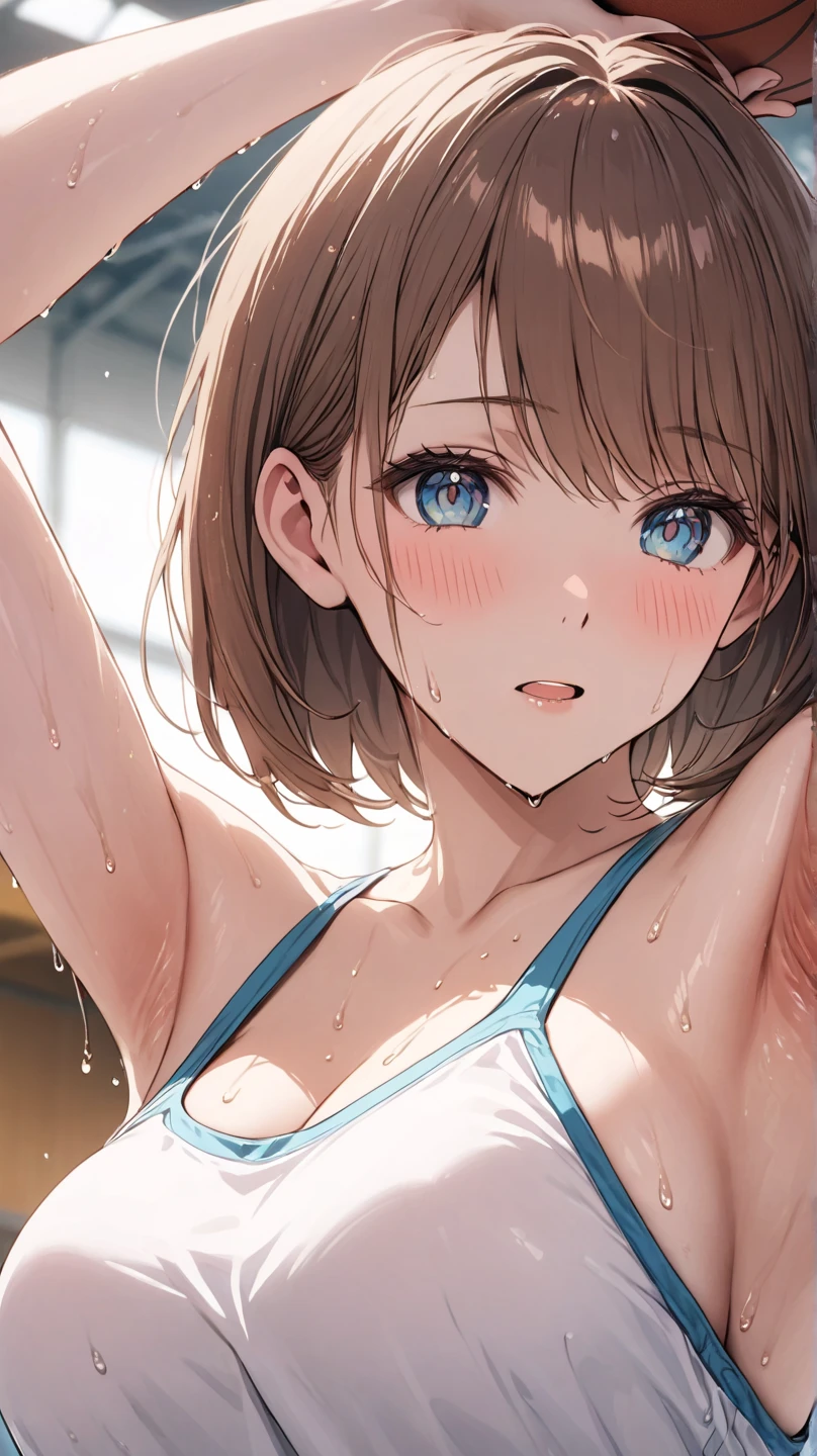 masterpiece,  top quality , A Beautiful Woman ,  white skin, Female Body, Mid-chest,  bright eyes, No cutouts, ( gym background ), illustration style, (8k,  cinematic  elements,  realistic ,  Sharp Focus),  complex background,  cinematic , 3-part construction , Backlight,  Intricate Details, E Cup(Kano chinatsu,Brown Hair, Shorthair),adult, One Woman , Alone,Dense and beautiful body , beautiful character design,16k,((Half-open, open your mouth,(大量のsweat,sweat, Big Breasts ) beautiful eyes down to the smallest detail,Armpits,(( Staring at the Audience )),(( ecstatic face)),((Eyes half closed, open your mouth)) , wet body,sweat((Draw in detail how her cheeks are red and embarrassed)),armpit,(体の前に浮かぶsweat,wet body),From below,Armpits,腋sweat,High school gym, basket goal, basketball uniform,blush