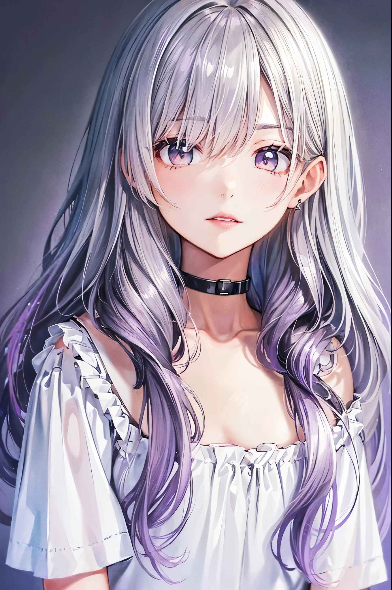 (Best quality at best,8K,A high resolution,tmasterpiece:1.2),Digital artwork, one girl, detailed face, detailed eyes, long dark silver and black hair, grey eyes, deep red lip, beautiful, white t-shirt, black choker, hair has volume, tons of silver earings, pink and purple etes